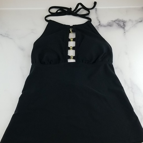 50%OFF Salt & Cove Junior's Black Cutout Halter Ribbed Tankini Swim Top XS - Picture 2 of 8